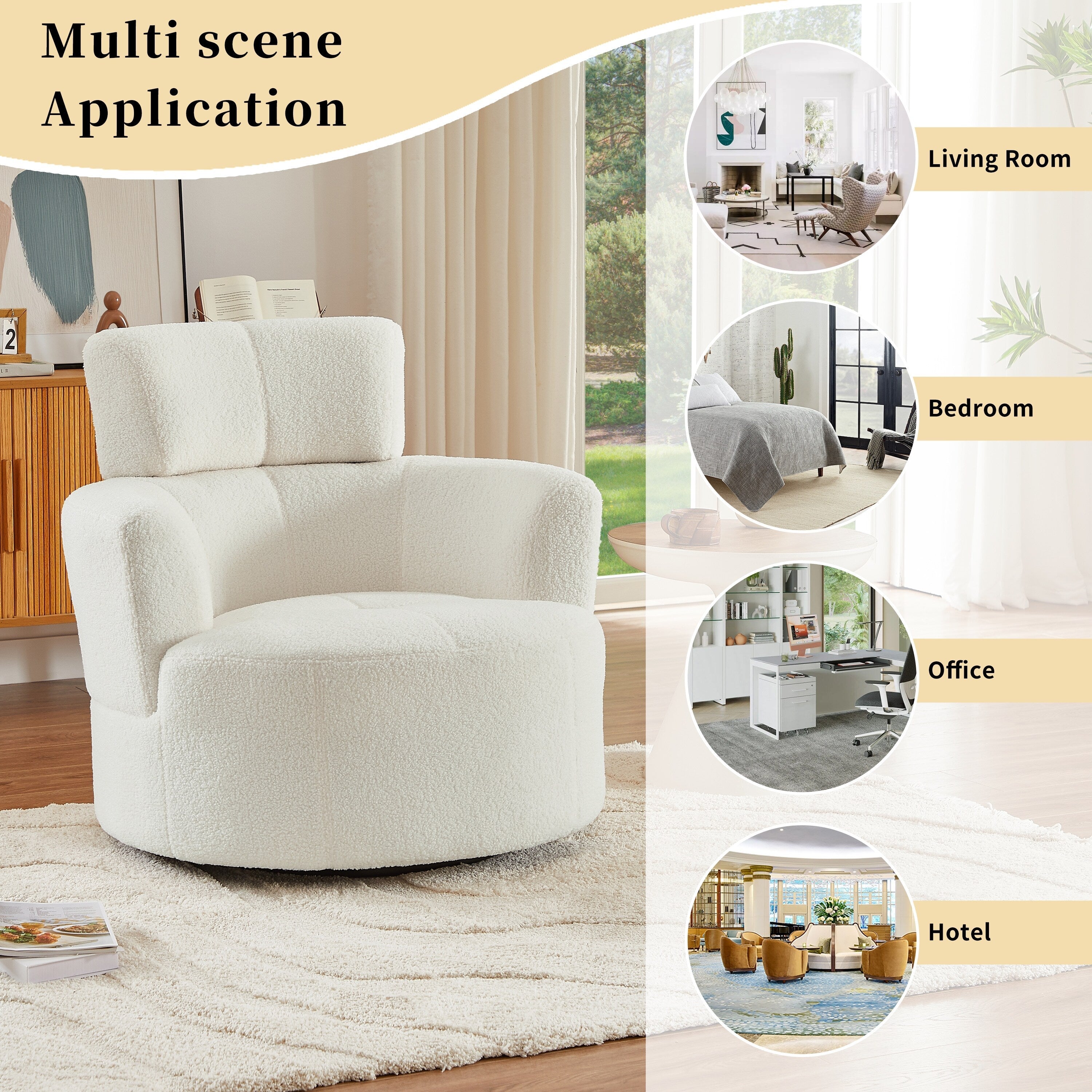 Fauteuil pivotant à 360°, fauteuil tonneau rembourré avec appui-tête réglable, fauteuil rond pivotant moderne pour salon