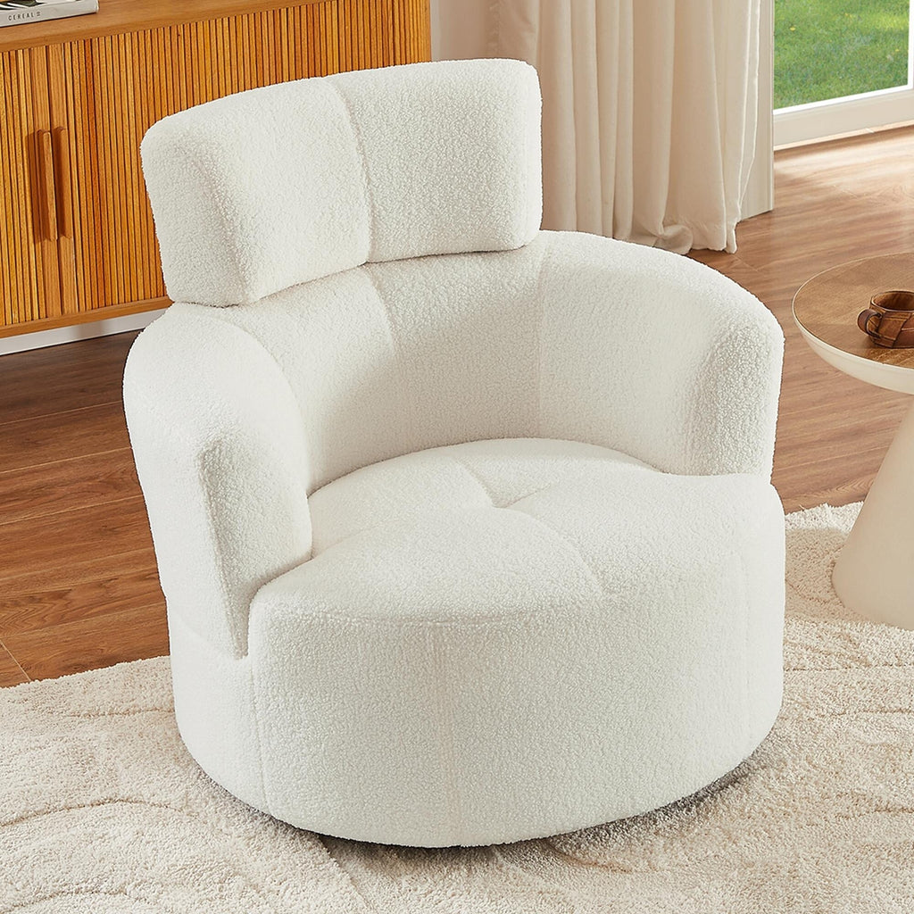 Fauteuil pivotant à 360°, fauteuil tonneau rembourré avec appui-tête réglable, fauteuil rond pivotant moderne pour salon
