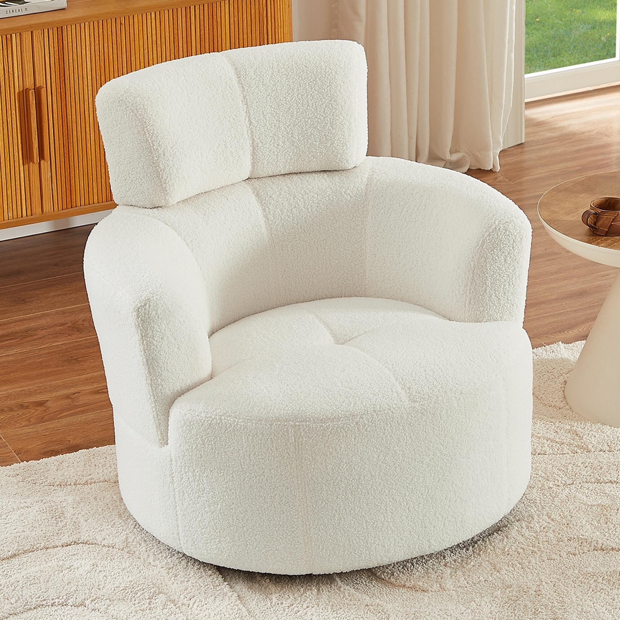 Fauteuil pivotant à 360°, fauteuil tonneau rembourré avec appui-tête réglable, fauteuil rond pivotant moderne pour salon