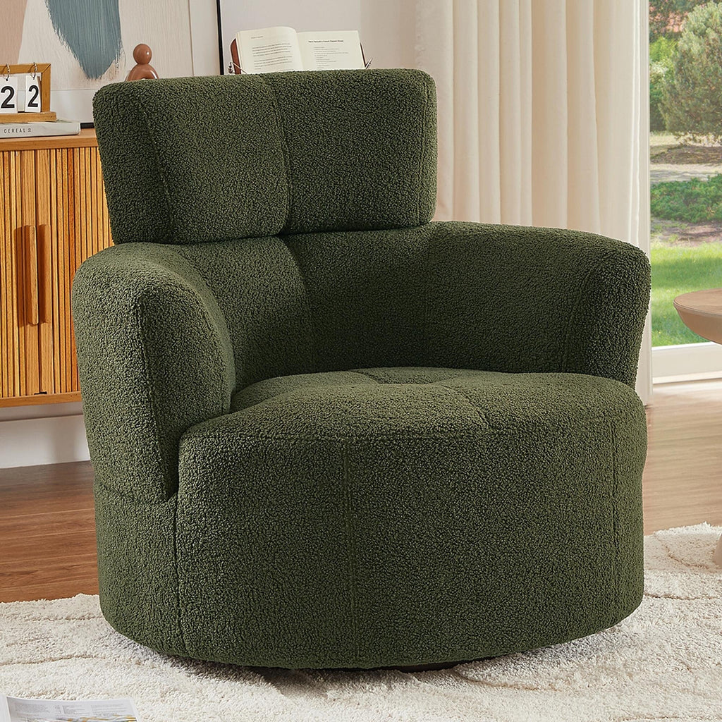 Fauteuil pivotant à 360°, fauteuil tonneau rembourré avec appui-tête réglable, fauteuil rond pivotant moderne pour salon