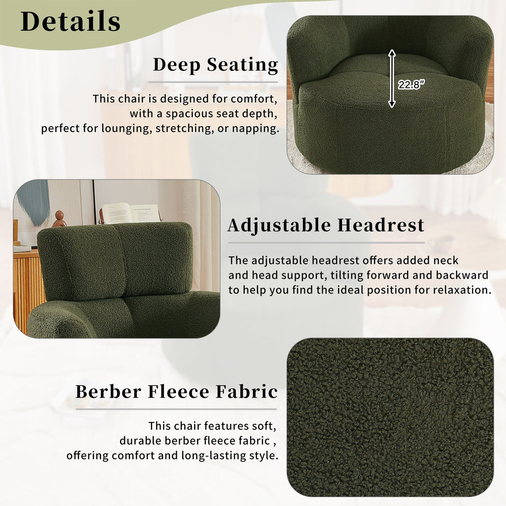 Fauteuil pivotant à 360°, fauteuil tonneau rembourré avec appui-tête réglable, fauteuil rond pivotant moderne pour salon