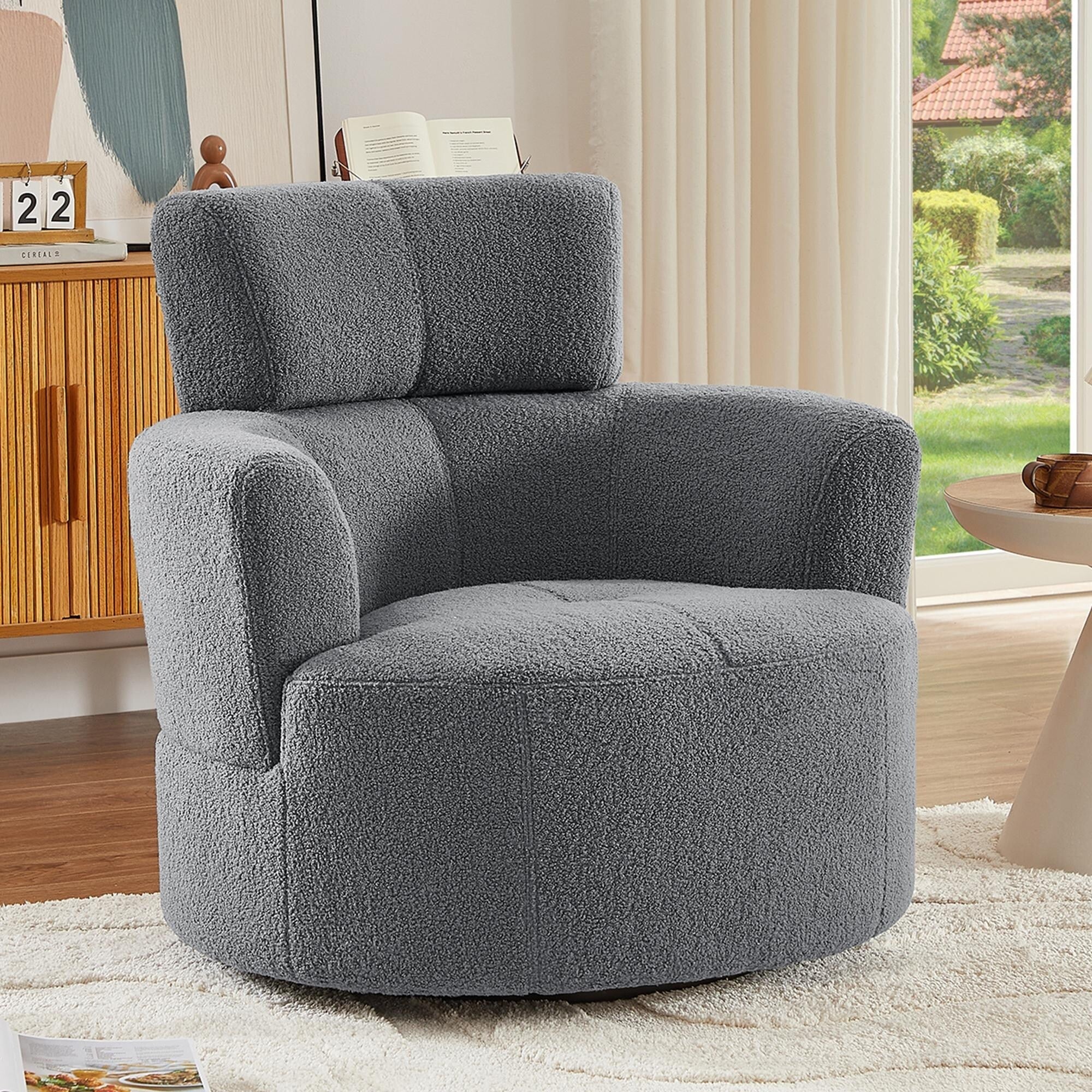 Fauteuil pivotant à 360°, fauteuil tonneau rembourré avec appui-tête réglable, fauteuil rond pivotant moderne pour salon