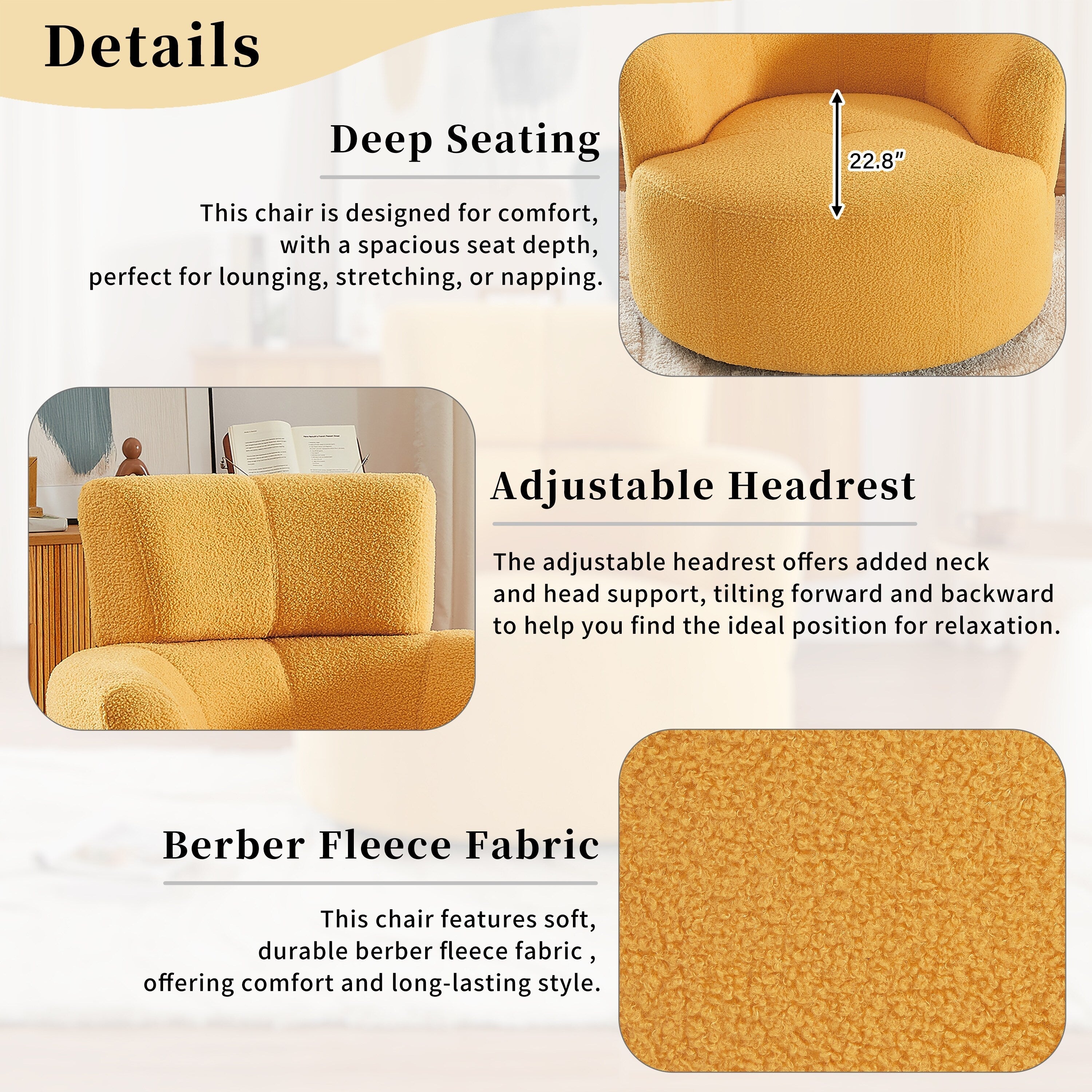 Fauteuil pivotant à 360°, fauteuil tonneau rembourré avec appui-tête réglable, fauteuil rond pivotant moderne pour salon