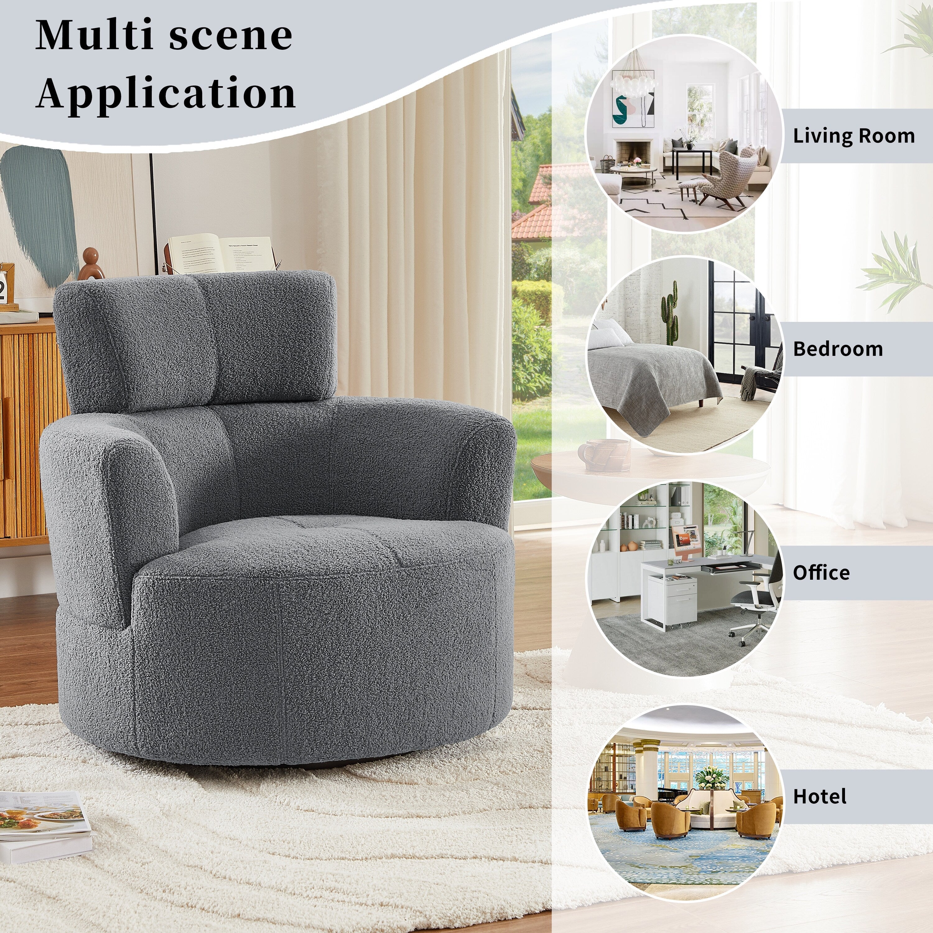 Fauteuil pivotant à 360°, fauteuil tonneau rembourré avec appui-tête réglable, fauteuil rond pivotant moderne pour salon