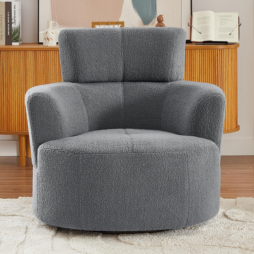 Fauteuil pivotant à 360°, fauteuil tonneau rembourré avec appui-tête réglable, fauteuil rond pivotant moderne pour salon