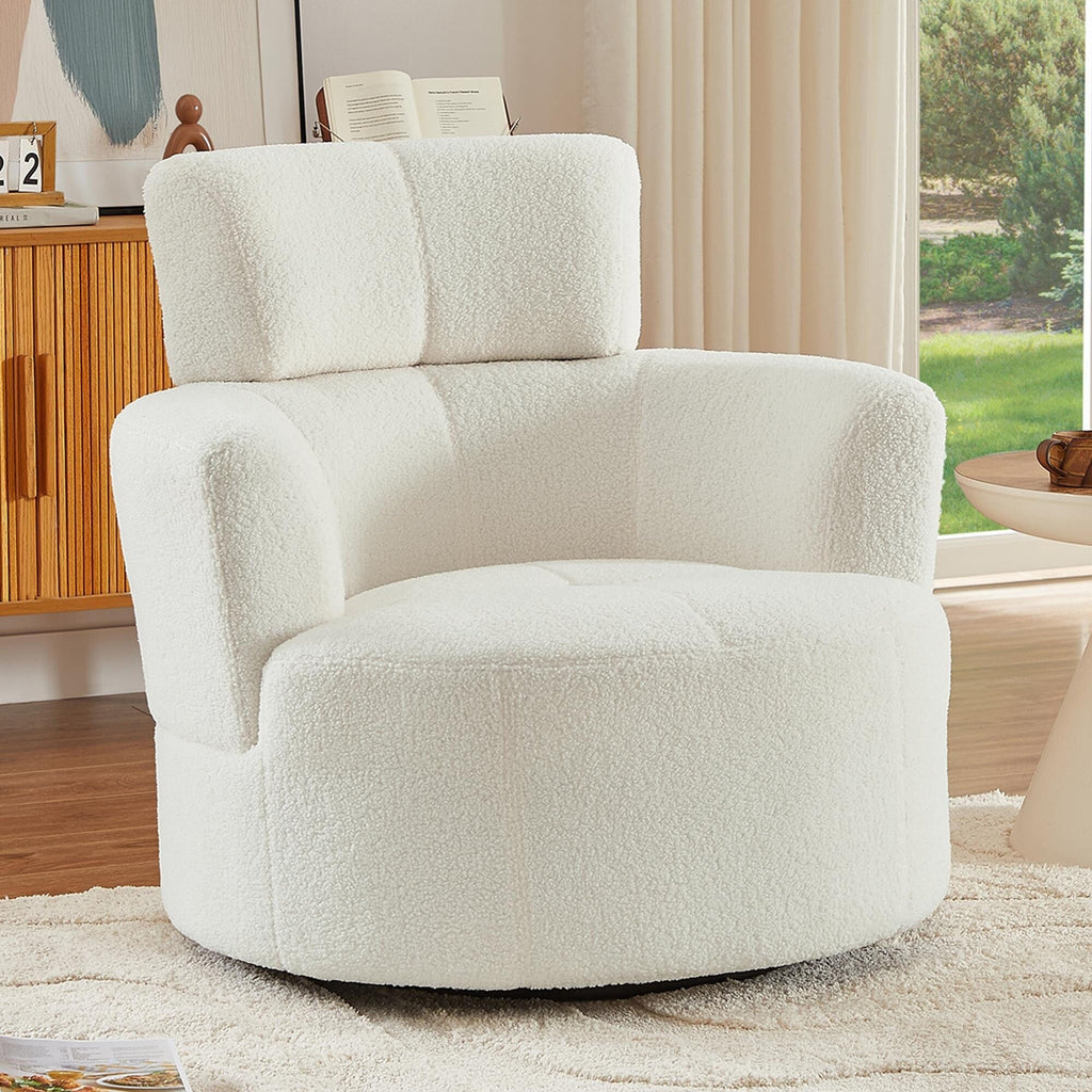 Fauteuil pivotant à 360°, fauteuil tonneau rembourré avec appui-tête réglable, fauteuil rond pivotant moderne pour salon