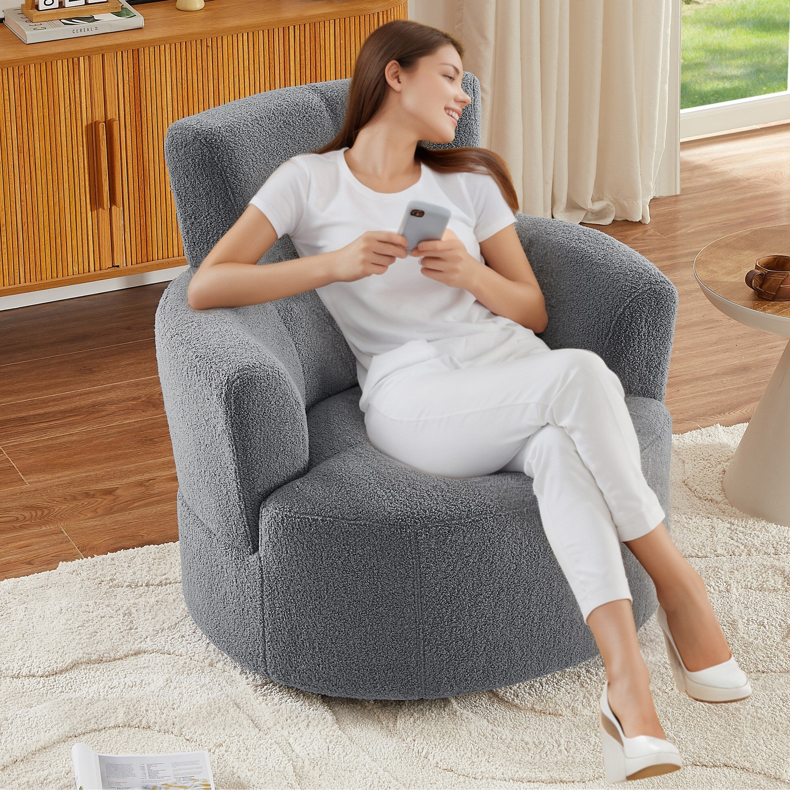 Fauteuil pivotant à 360°, fauteuil tonneau rembourré avec appui-tête réglable, fauteuil rond pivotant moderne pour salon