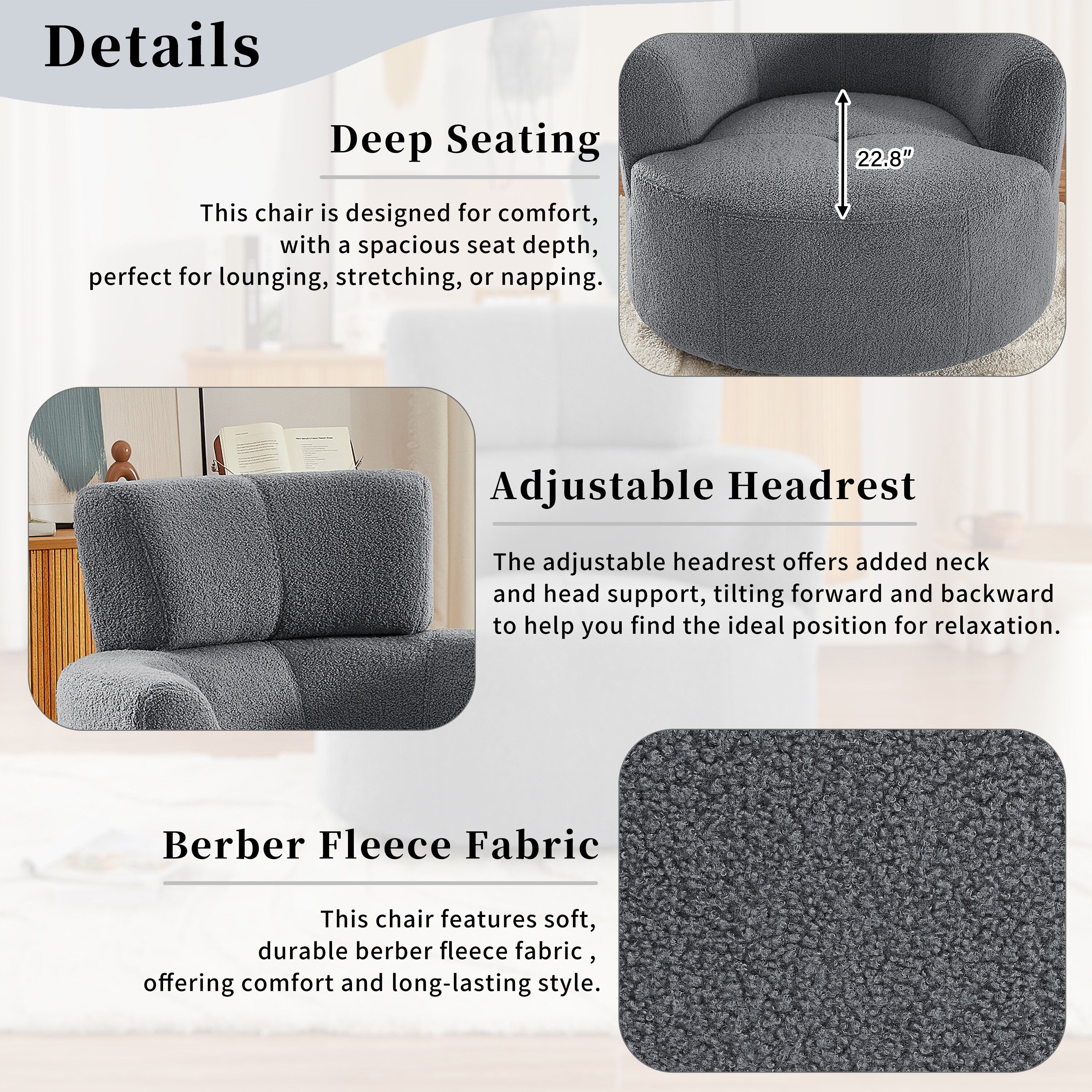 Fauteuil pivotant à 360°, fauteuil tonneau rembourré avec appui-tête réglable, fauteuil rond pivotant moderne pour salon