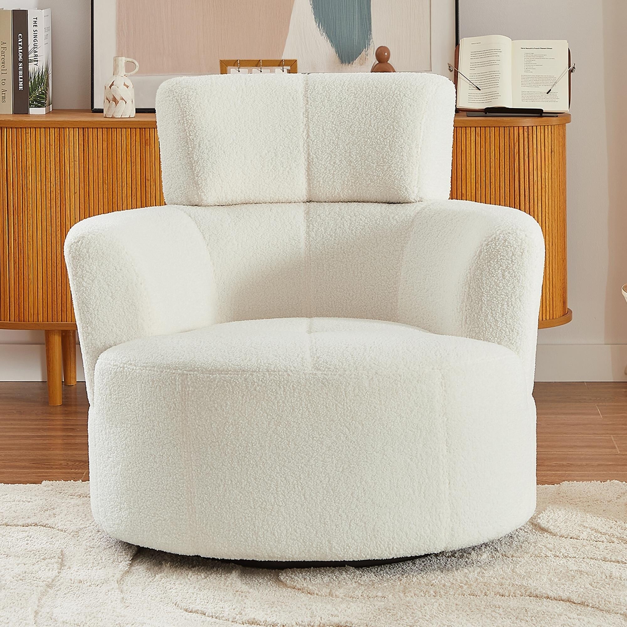 Fauteuil pivotant à 360°, fauteuil tonneau rembourré avec appui-tête réglable, fauteuil rond pivotant moderne pour salon