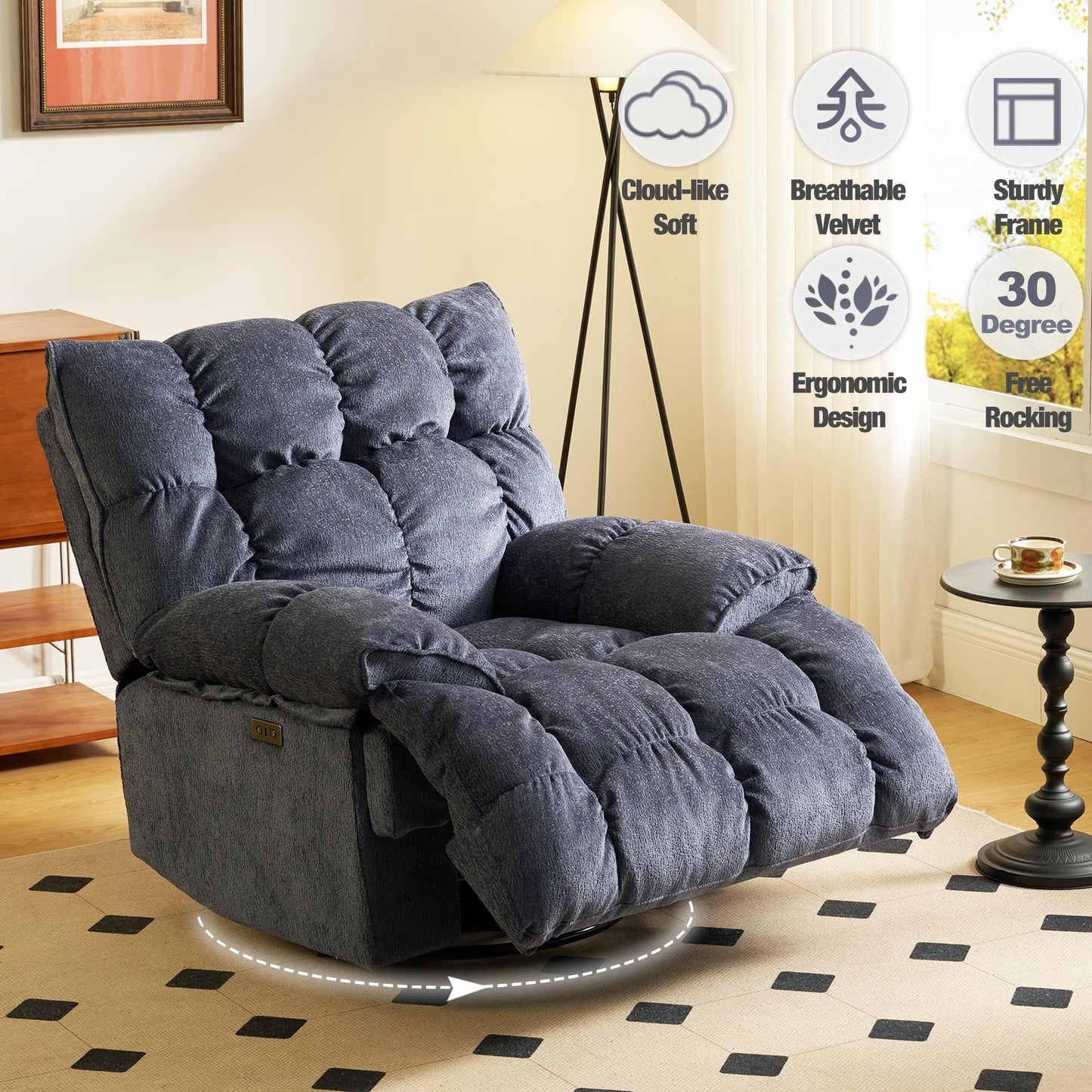 Fauteuil inclinable électrique pivotant à 360°, dossier haut moelleux, siège spacieux, plusieurs positions d'inclinaison pour un confort ultime