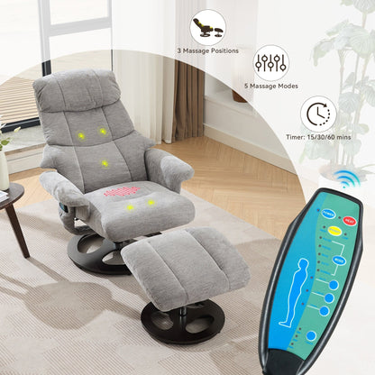 Fauteuil inclinable ergonomique pivotant à 360° avec repose-pieds, dossier réglable, massage par 5 vibrations, siège chauffant, tissu chenille