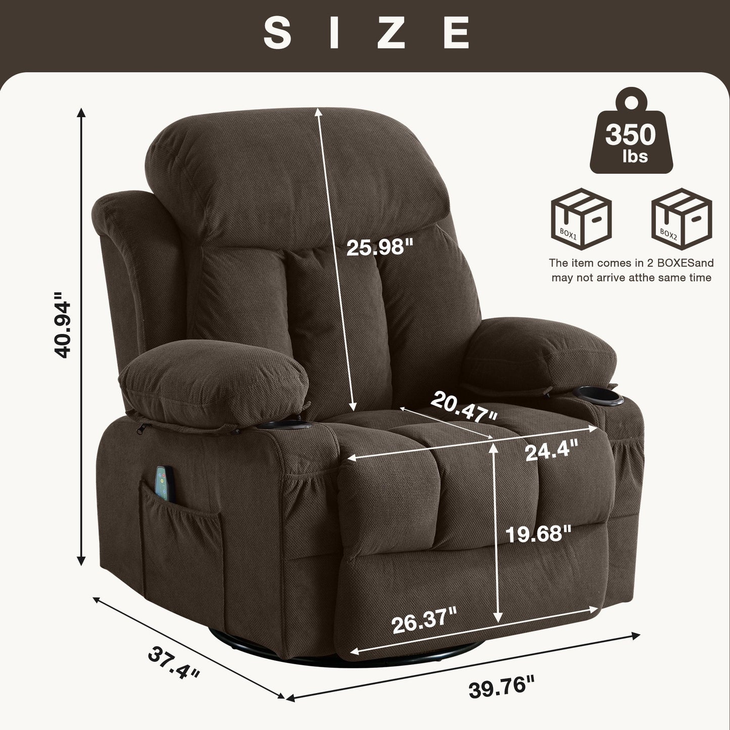 Fauteuil inclinable chauffant et massant pivotant à 360° avec chargement USB, porte-gobelets, rangement latéral et revêtement en polaire moelleux