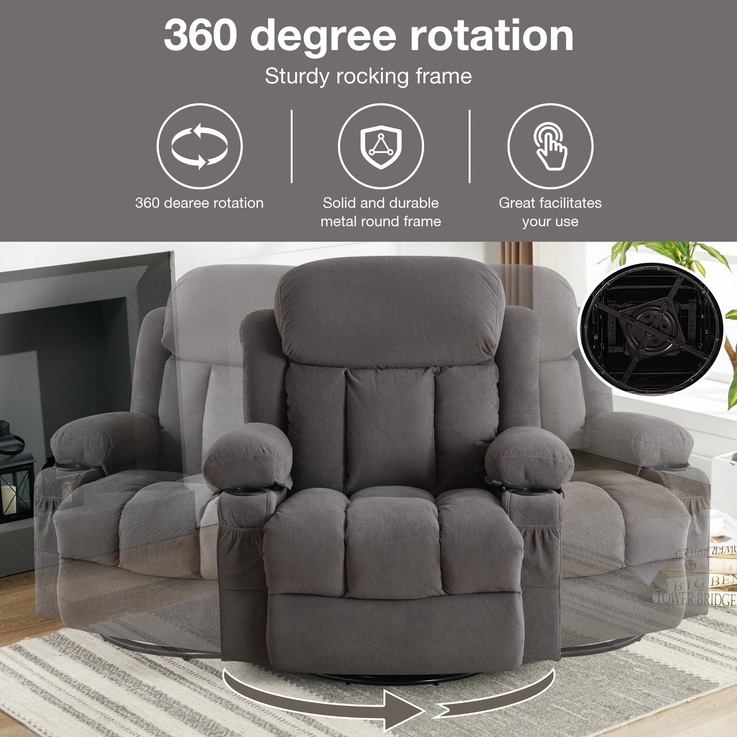 Fauteuil inclinable chauffant et massant pivotant à 360° avec chargement USB, porte-gobelets, rangement latéral et revêtement en polaire moelleux