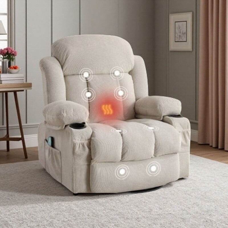 Fauteuil inclinable chauffant et massant pivotant à 360° avec chargement USB, porte-gobelets, rangement latéral et revêtement en polaire moelleux