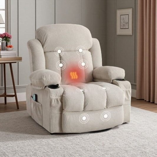 Fauteuil inclinable chauffant et massant pivotant à 360° avec chargement USB, porte-gobelets, rangement latéral et revêtement en polaire moelleux