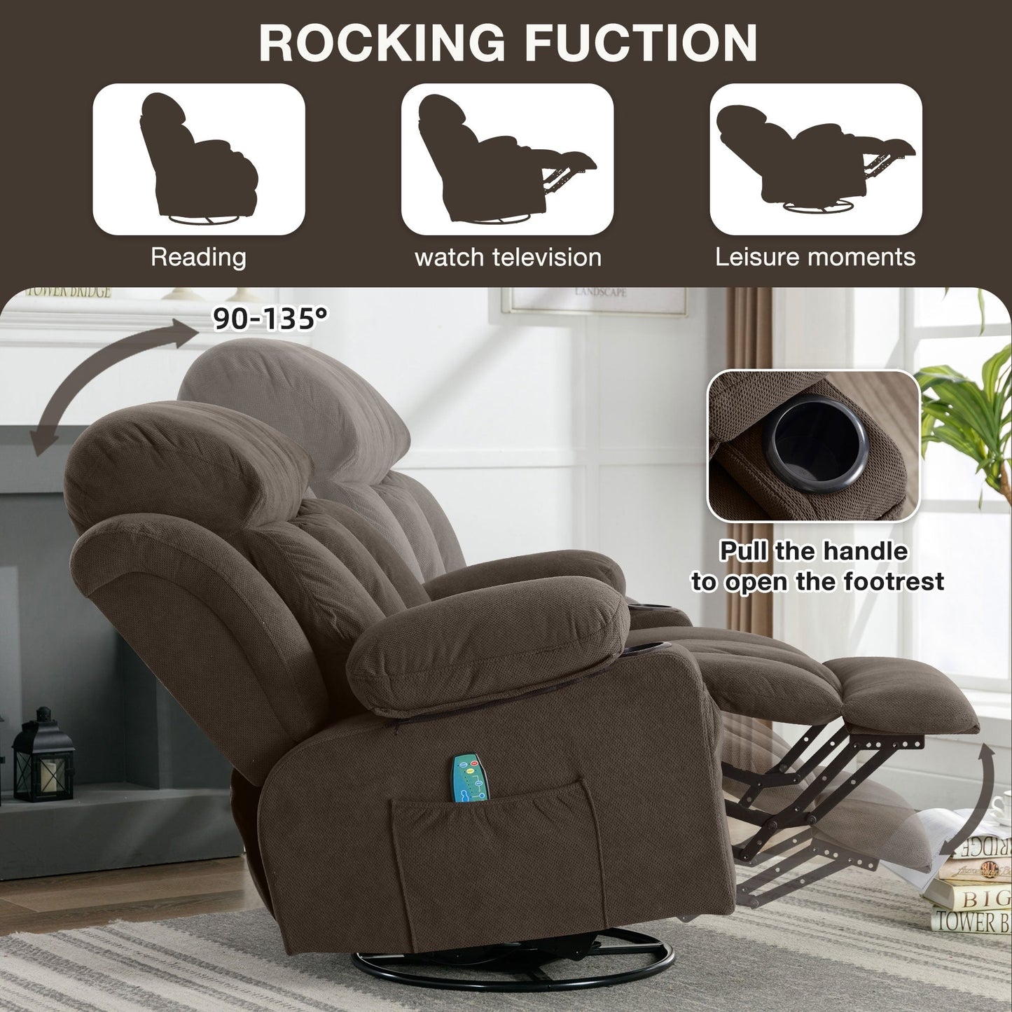 Fauteuil inclinable chauffant et massant pivotant à 360° avec chargement USB, porte-gobelets, rangement latéral et revêtement en polaire moelleux