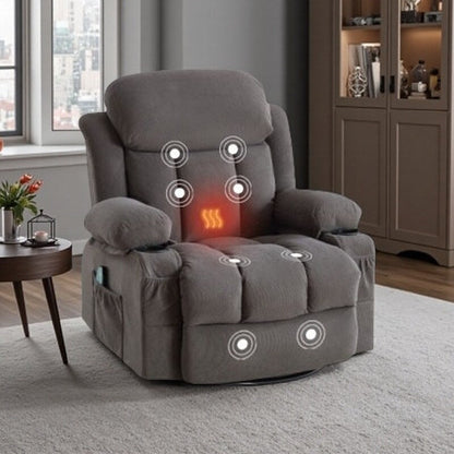 Fauteuil inclinable chauffant et massant pivotant à 360° avec chargement USB, porte-gobelets, rangement latéral et revêtement en polaire moelleux