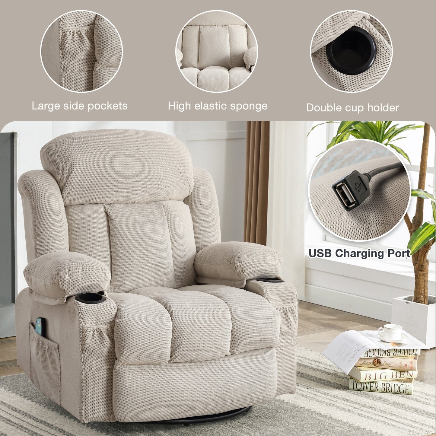 Fauteuil inclinable chauffant et massant pivotant à 360° avec chargement USB, porte-gobelets, rangement latéral et revêtement en polaire moelleux