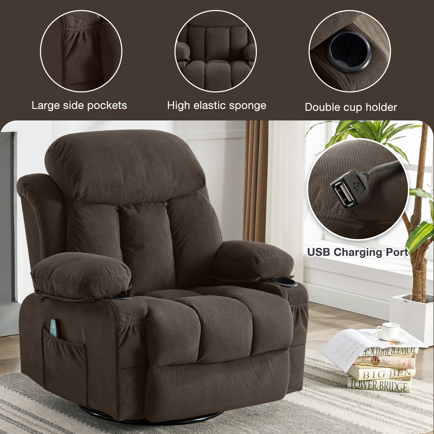 Fauteuil inclinable chauffant et massant pivotant à 360° avec chargement USB, porte-gobelets, rangement latéral et revêtement en polaire moelleux
