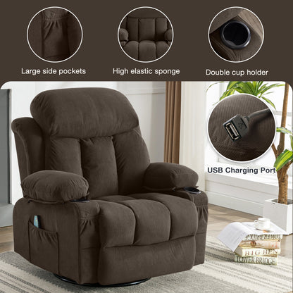 Fauteuil inclinable chauffant et massant pivotant à 360° avec chargement USB, porte-gobelets, rangement latéral et revêtement en polaire moelleux