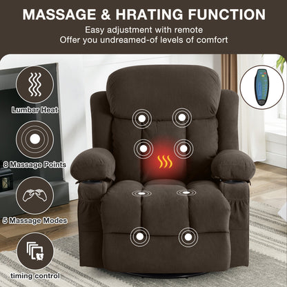 Fauteuil inclinable chauffant et massant pivotant à 360° avec chargement USB, porte-gobelets, rangement latéral et revêtement en polaire moelleux