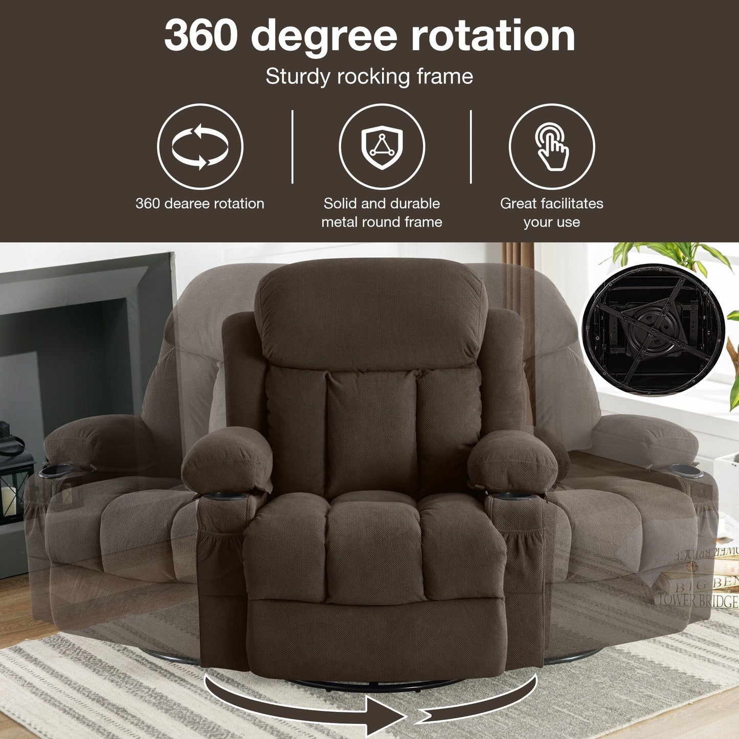 Fauteuil inclinable chauffant et massant pivotant à 360° avec chargement USB, porte-gobelets, rangement latéral et revêtement en polaire moelleux