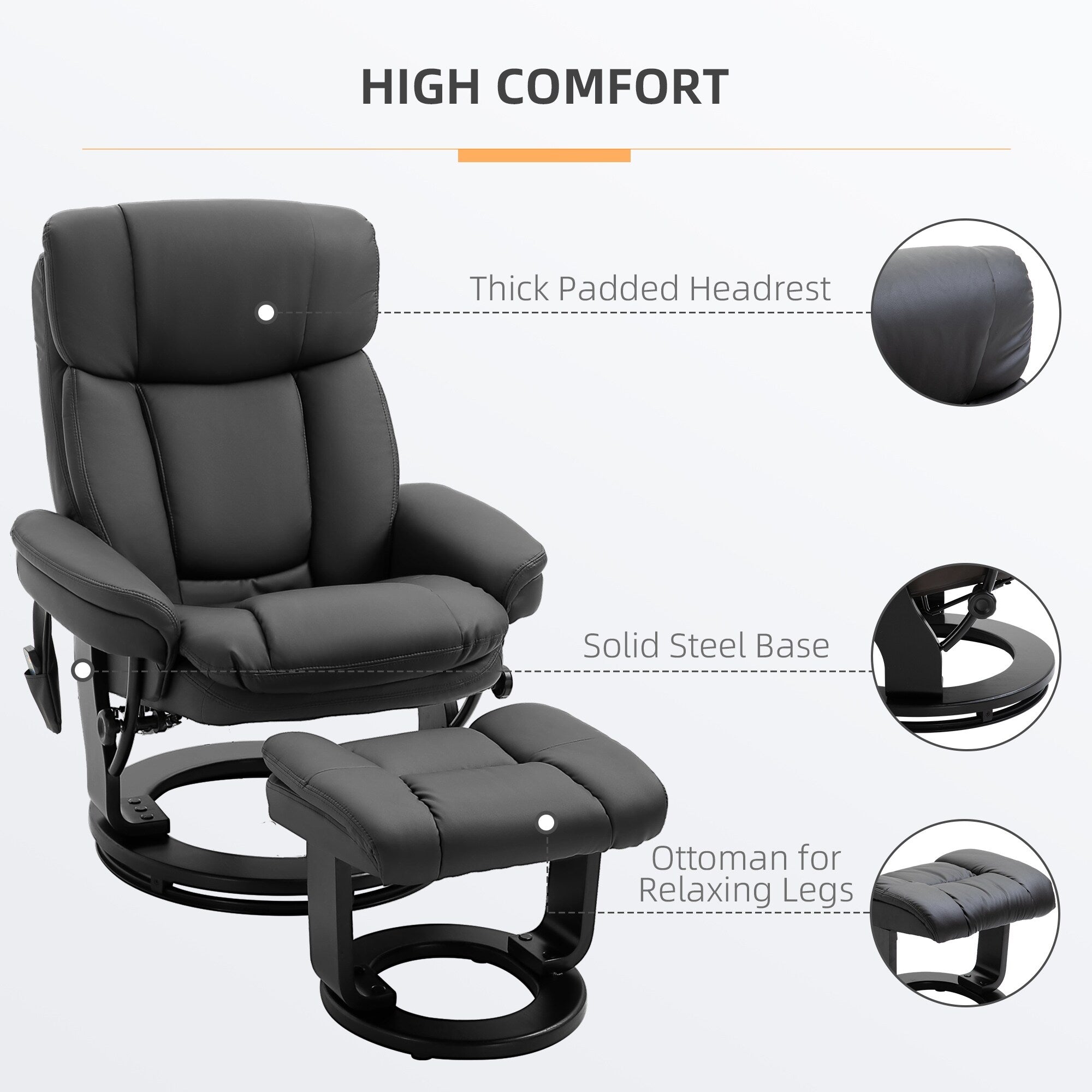 Fauteuil inclinable de massage pivotant à 360° en cuir PU avec repose-pieds et télécommande