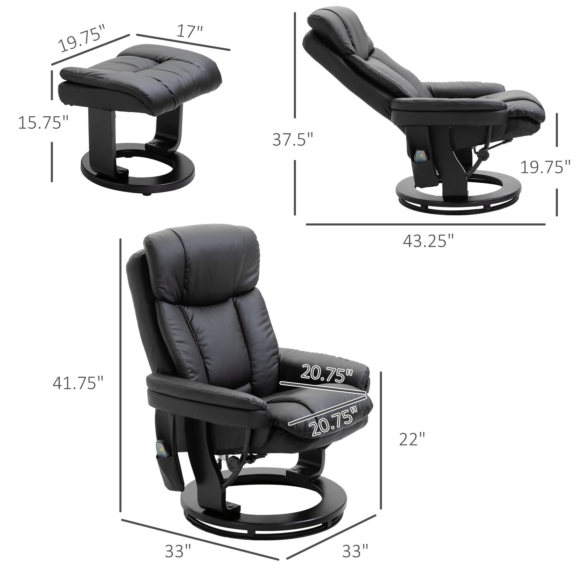 Fauteuil inclinable de massage pivotant à 360° en cuir PU avec repose-pieds et télécommande