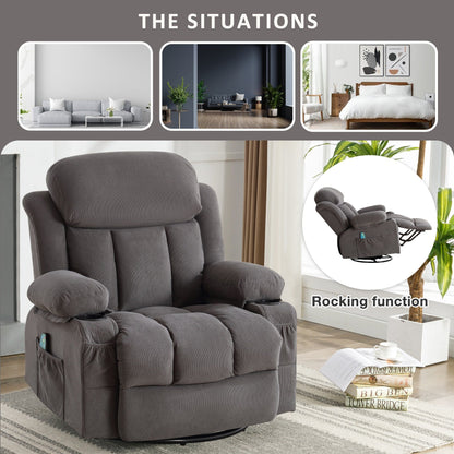 Fauteuil inclinable massant pivotant à 360° en velours doux avec chauffage, port USB, inclinaison manuelle et poches de rangement