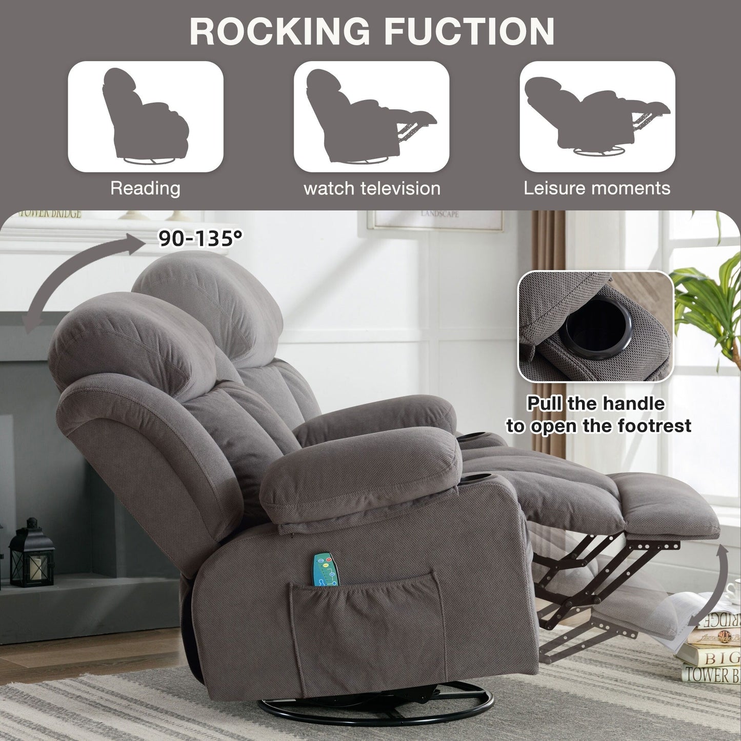 Fauteuil inclinable massant pivotant à 360° en velours doux avec chauffage, port USB, inclinaison manuelle et poches de rangement