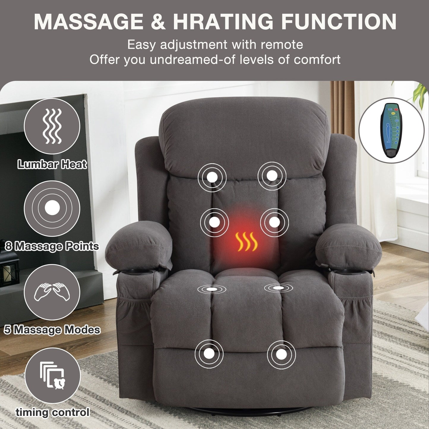 Fauteuil inclinable massant pivotant à 360° en velours doux avec chauffage, port USB, inclinaison manuelle et poches de rangement