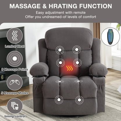 Fauteuil inclinable massant pivotant à 360° en velours doux avec chauffage, port USB, inclinaison manuelle et poches de rangement