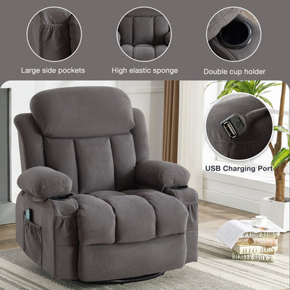Fauteuil inclinable massant pivotant à 360° en velours doux avec chauffage, port USB, inclinaison manuelle et poches de rangement