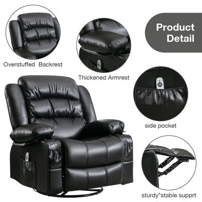 Fauteuil inclinable massant pivotant à 360° avec chauffage, cuir PU, massage 8 points, chargement USB et poches de rangement