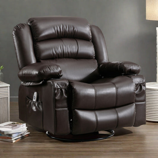 Fauteuil inclinable massant pivotant à 360° avec chauffage, cuir PU, massage 8 points, chargement USB et poches de rangement