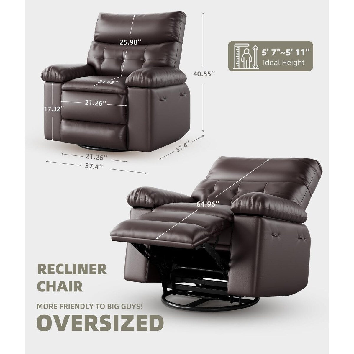 Fauteuils inclinables surdimensionnés pivotants à 360° avec chauffage et massage - Fauteuil inclinable paresseux
