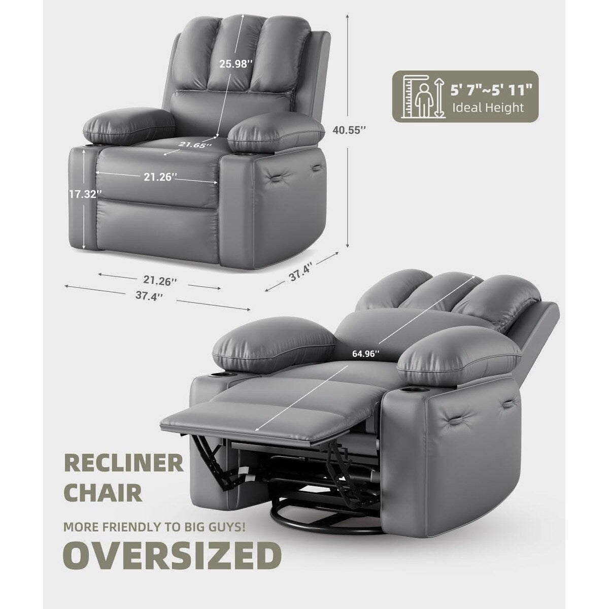 Fauteuils inclinables surdimensionnés pivotants à 360° avec chauffage et massage