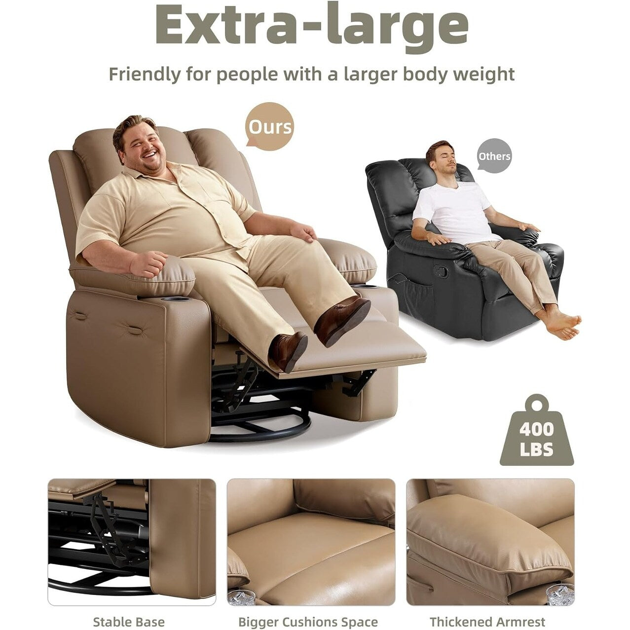 Fauteuils inclinables surdimensionnés pivotants à 360° avec chauffage et massage
