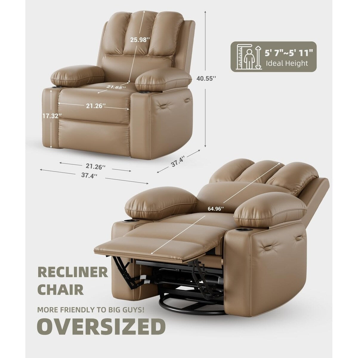 Fauteuils inclinables surdimensionnés pivotants à 360° avec chauffage et massage