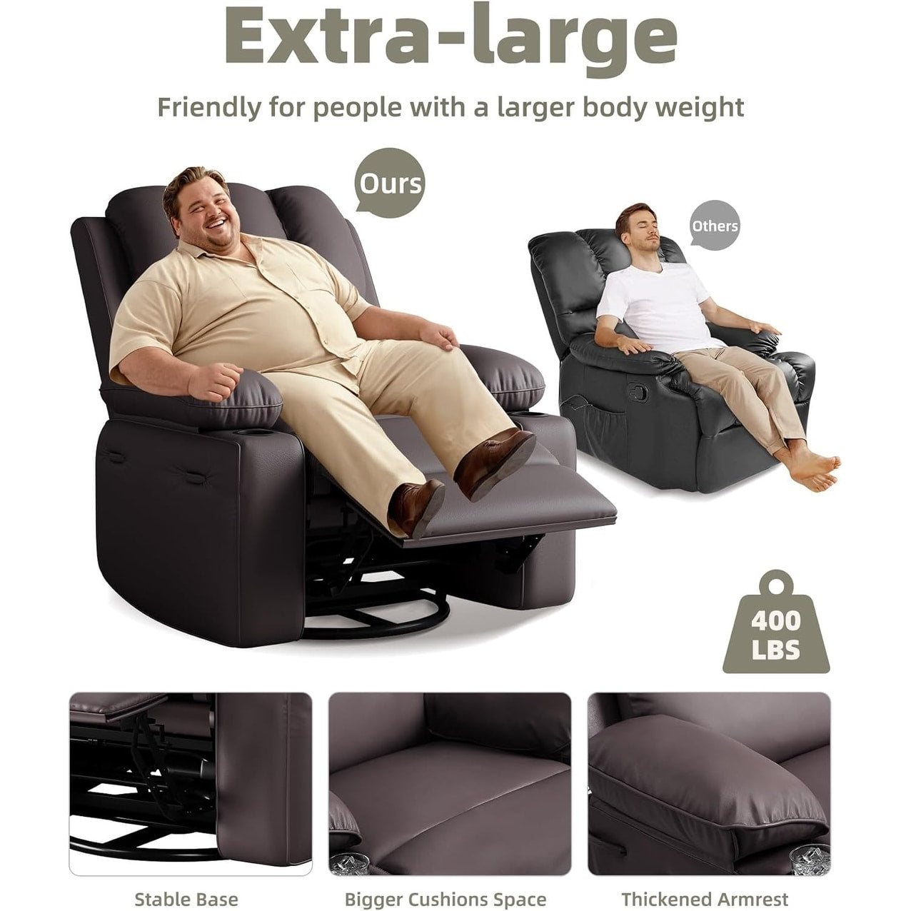 Fauteuils inclinables surdimensionnés pivotants à 360° avec chauffage et massage