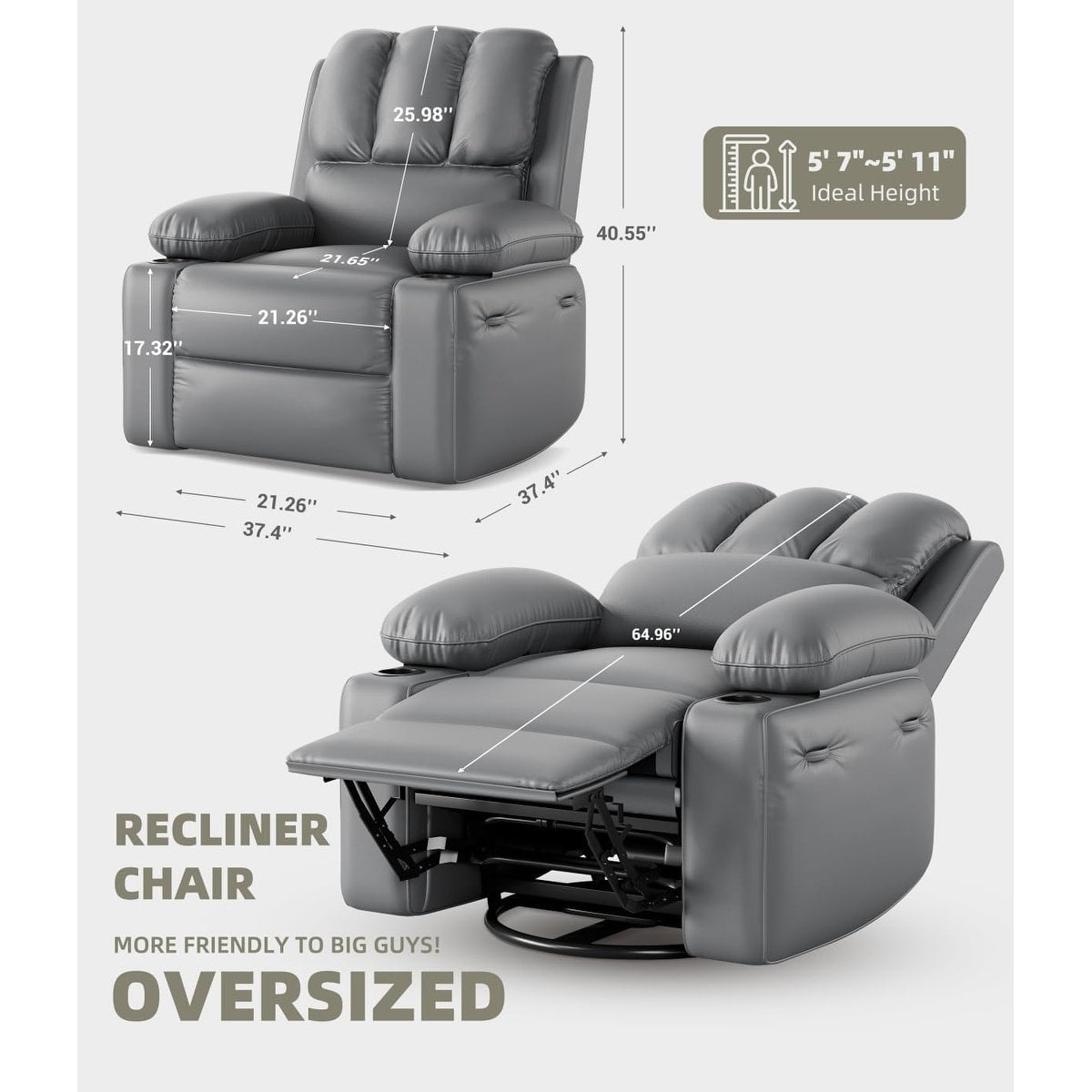 Fauteuils inclinables surdimensionnés pivotants à 360° avec chauffage et massage