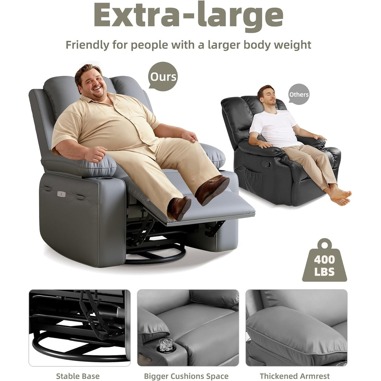 Fauteuils inclinables surdimensionnés pivotants à 360° avec chauffage et massage
