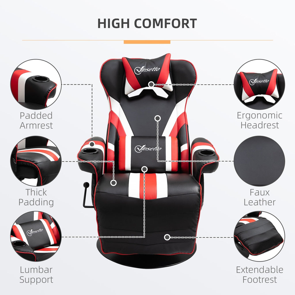 Fauteuil de jeu inclinable pivotant à 360° de style course avec support lombaire, repose-pieds et deux porte-gobelets pour salle de jeux