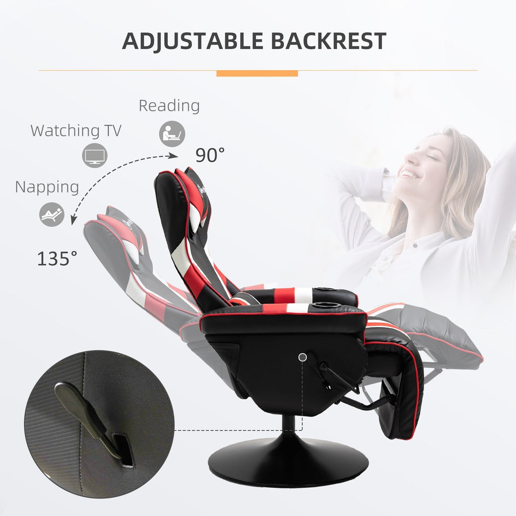 Fauteuil de jeu inclinable pivotant à 360° de style course avec support lombaire, repose-pieds et deux porte-gobelets pour salle de jeux