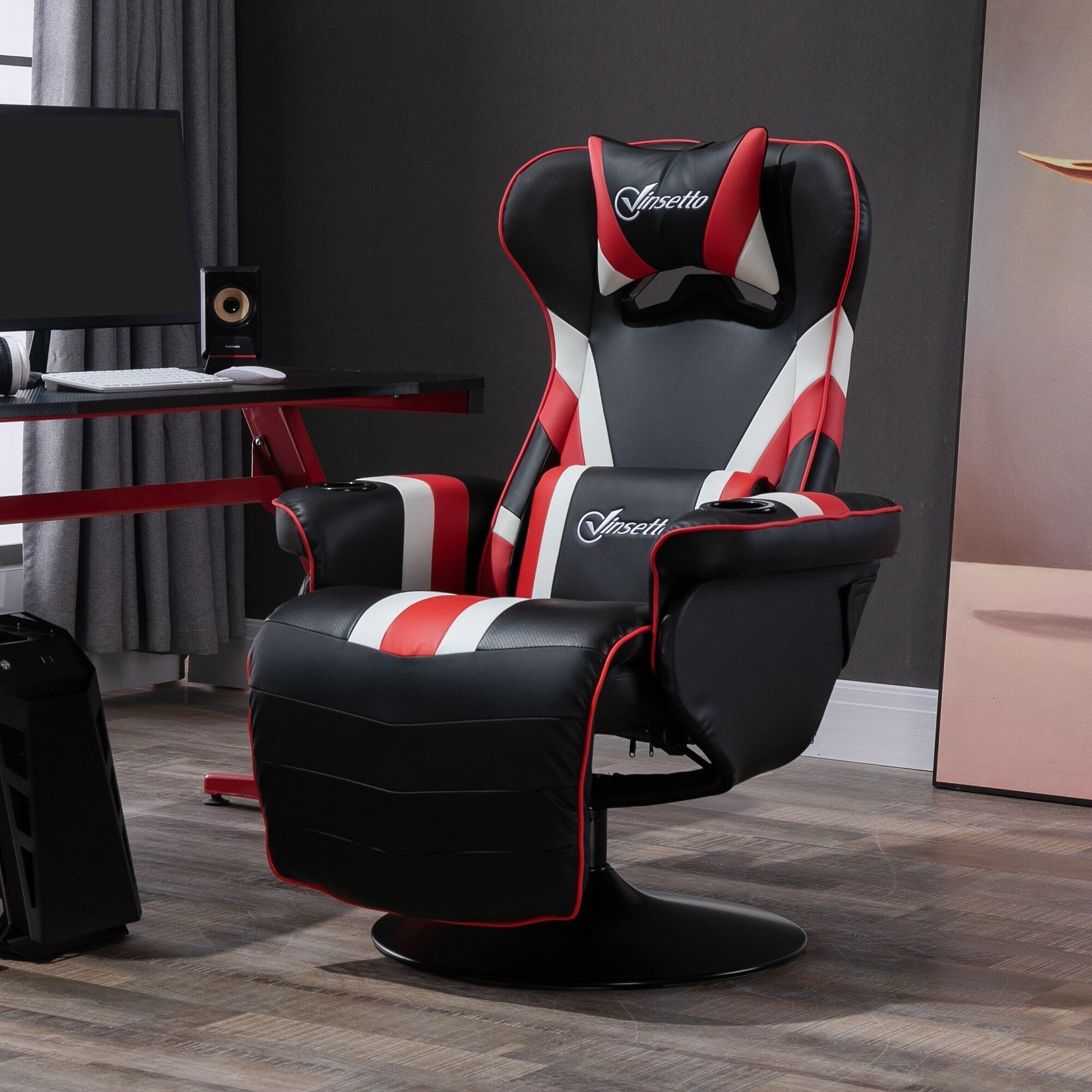 Fauteuil de jeu inclinable pivotant à 360° de style course avec support lombaire, repose-pieds et deux porte-gobelets pour salle de jeux