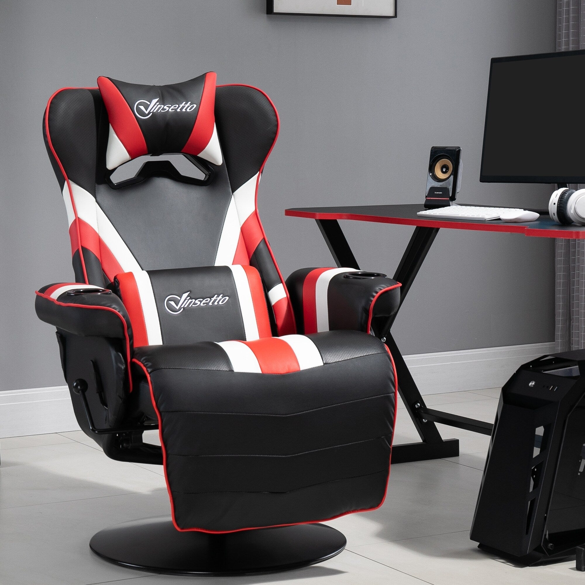 Fauteuil de jeu inclinable pivotant à 360° de style course avec support lombaire, repose-pieds et deux porte-gobelets pour salle de jeux