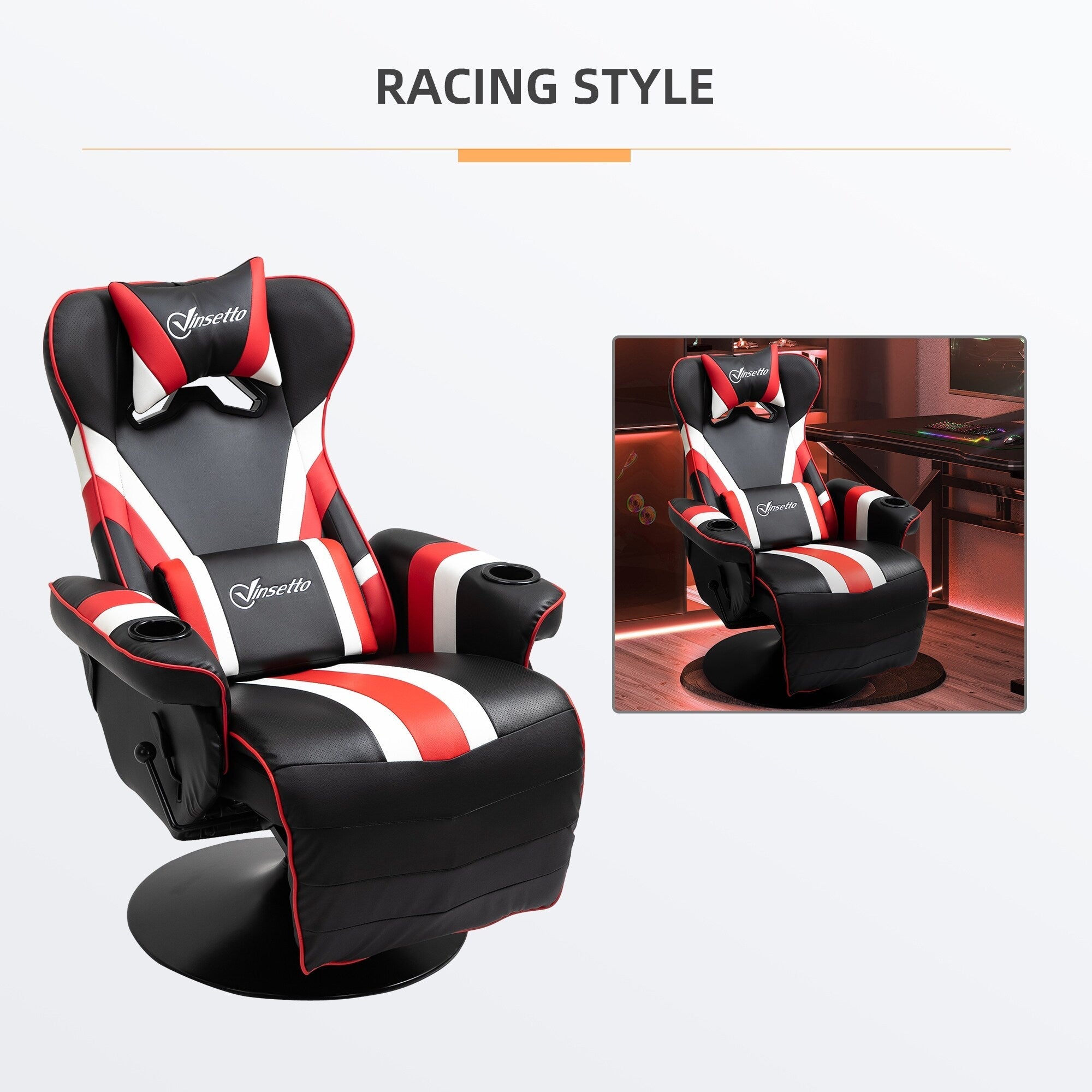 Fauteuil de jeu inclinable pivotant à 360° de style course avec support lombaire, repose-pieds et deux porte-gobelets pour salle de jeux
