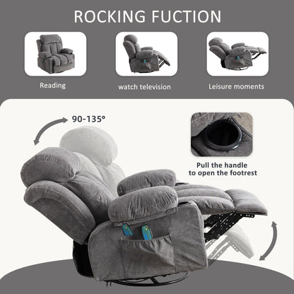 Fauteuil inclinable pivotant à 360° avec massage, chauffage, chargement USB, deux porte-gobelets et poches latérales spacieuses