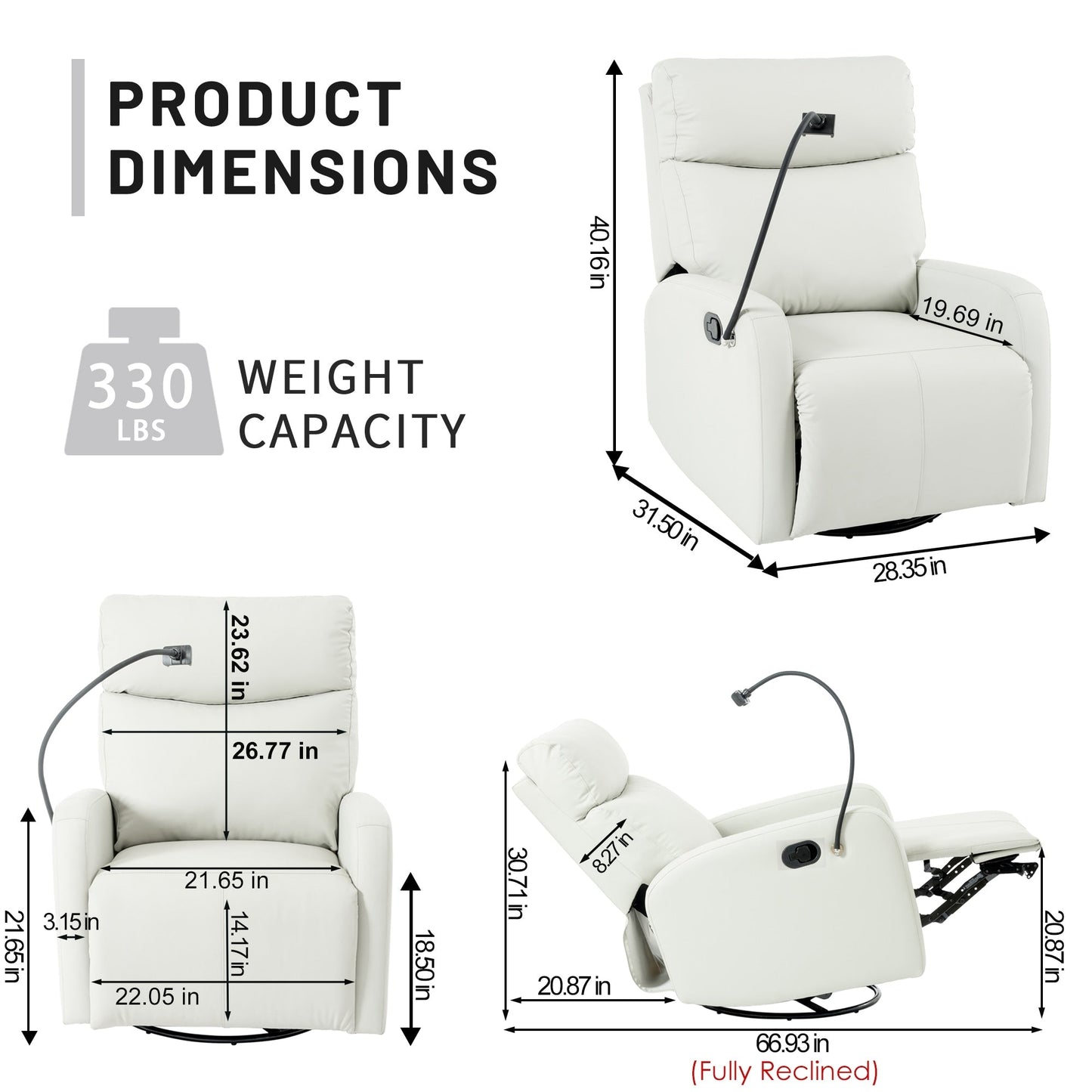 Fauteuil inclinable pivotant à 360° avec repose-pieds, support de téléphone et positions réglables pour home cinéma et salon