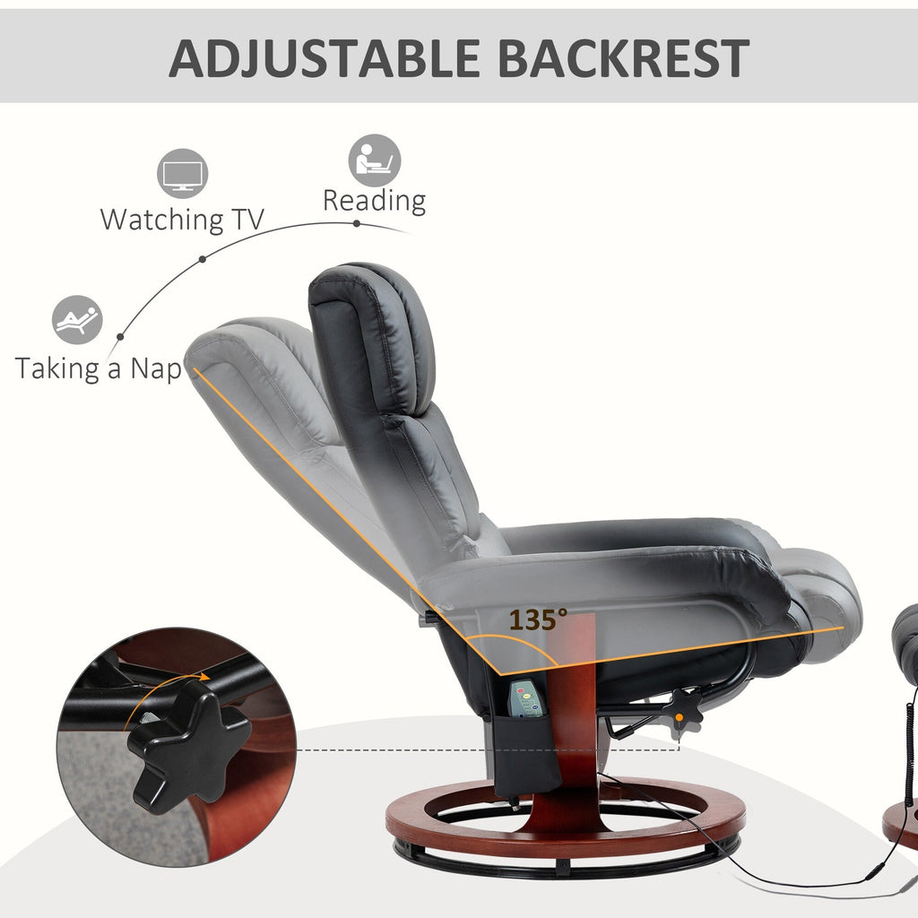Fauteuil de massage inclinable et pivotant à 360° en cuir PU avec repose-pieds, vibration à 10 points, télécommande et poche latérale